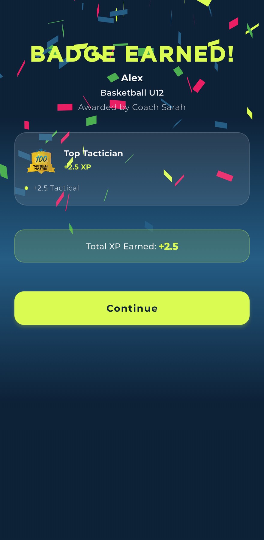 A player's badges earned screen