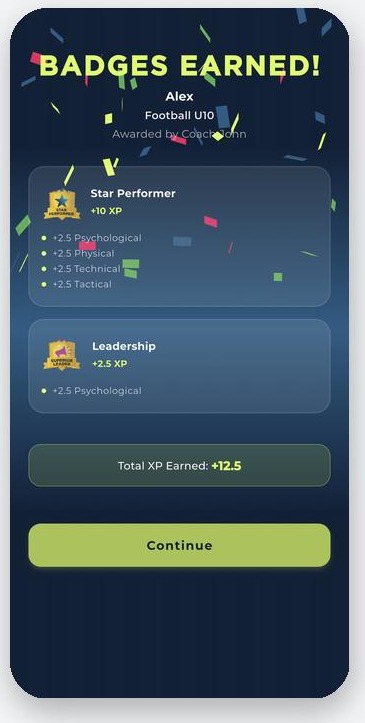 A player's badges earned screen, showing Star Performer and Leadership badges with XP across the four corners