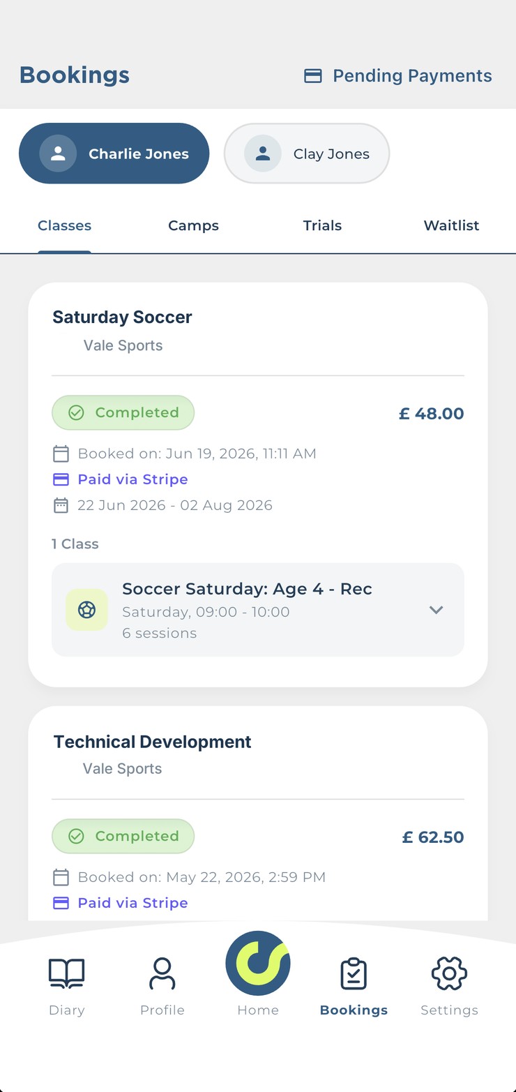 A parent's bookings, showing each child, what is paid and which sessions are coming up