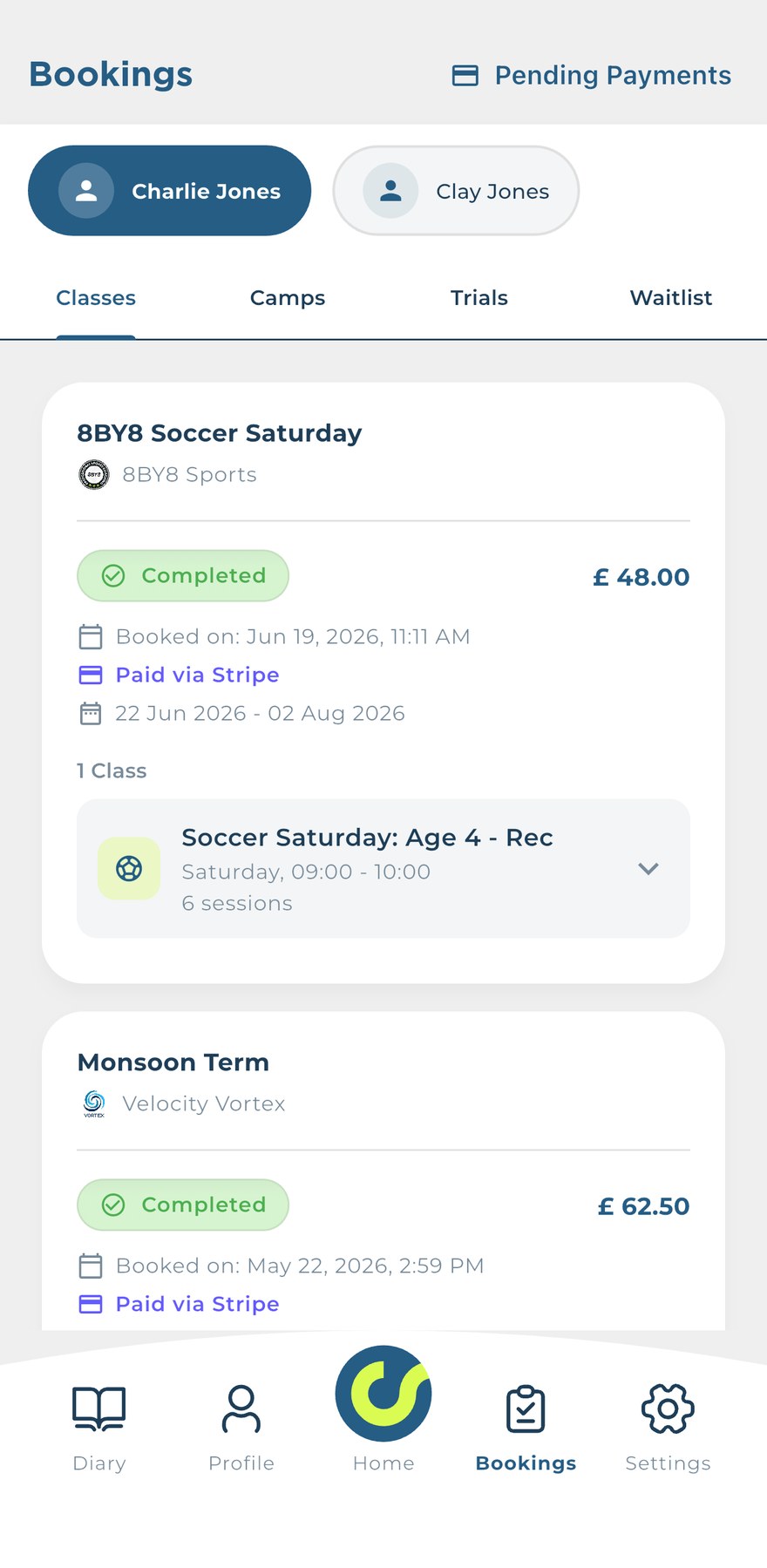 A parent's bookings, showing each child, what is paid and which sessions are coming up