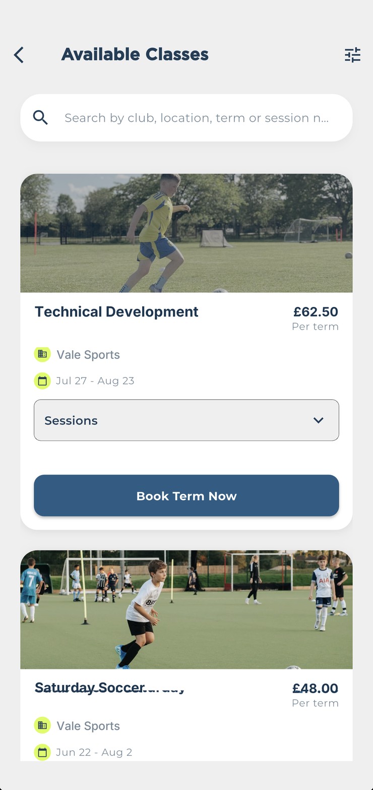 Sessions available to book in the GO SPORTZ app, with prices per term and a Book Term Now button