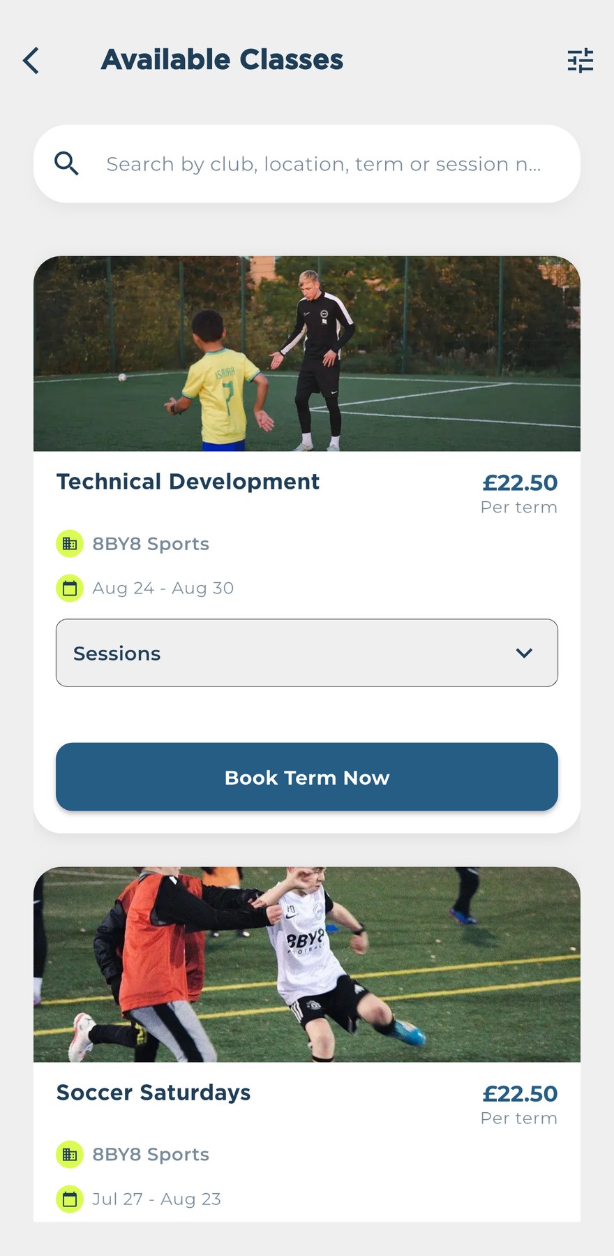 Sessions available to book in GO SPORTZ, with prices per term and a Book Term Now button