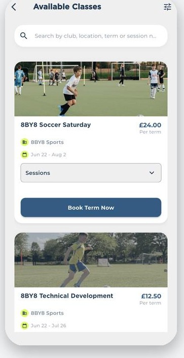 Available classes in the app: 8BY8 Soccer Saturday at £24 per term with a Book Term Now button
