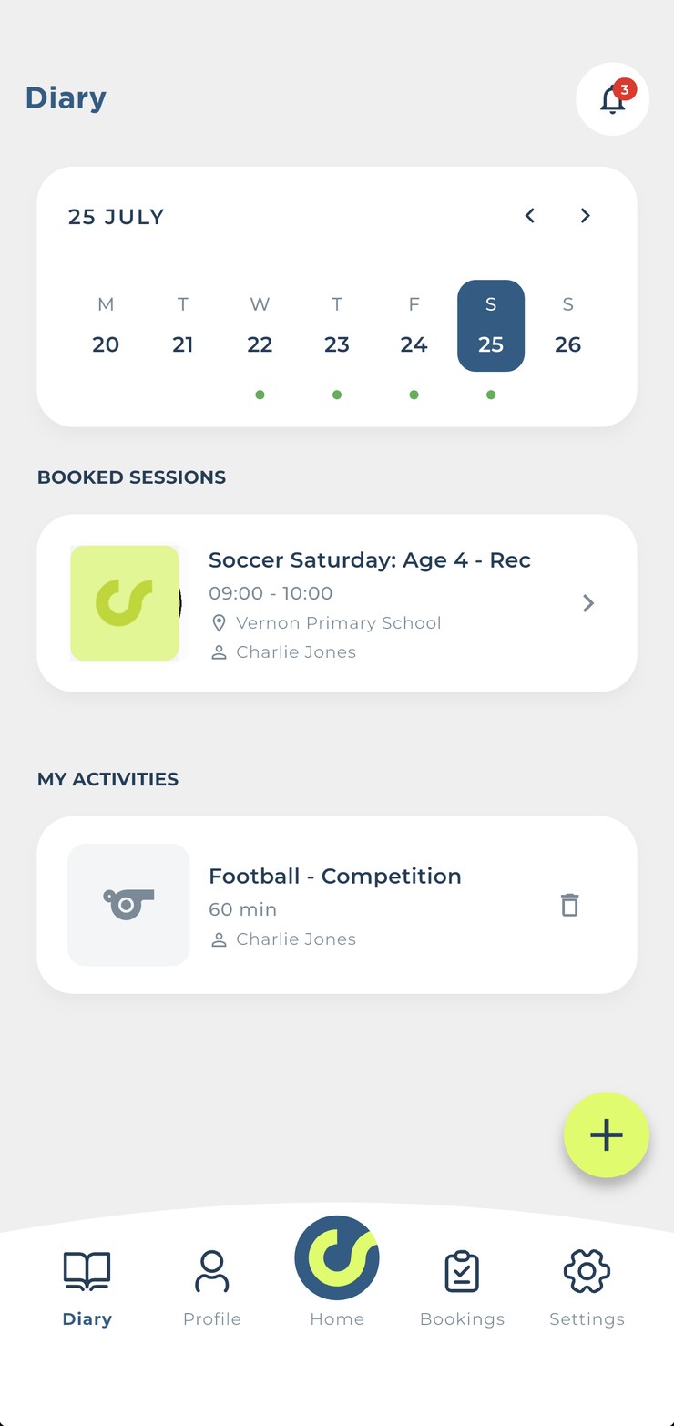 The parent diary showing the week and every booked session