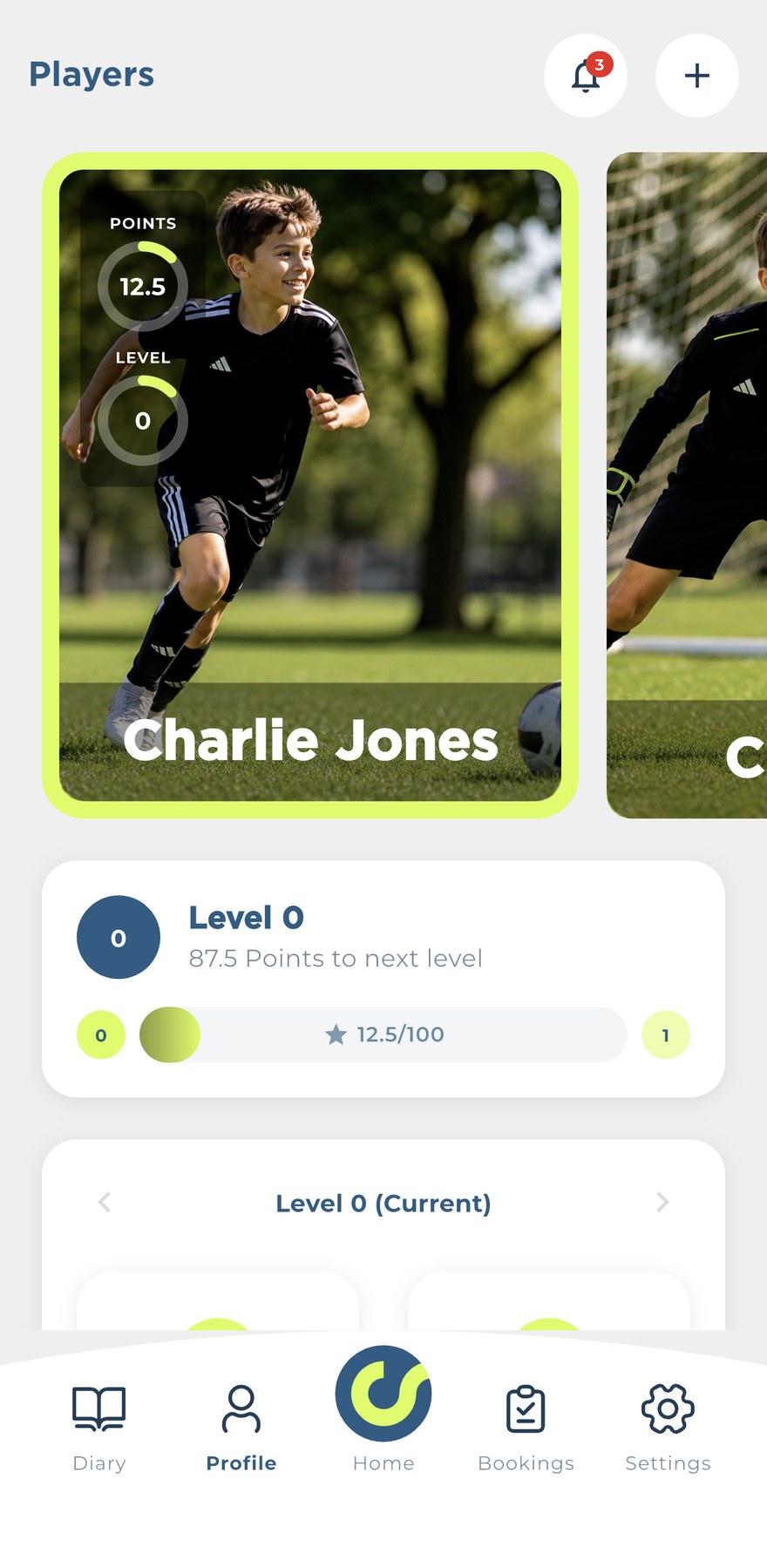 A player's profile card in GO SPORTZ, showing their level, points and progress toward the next level