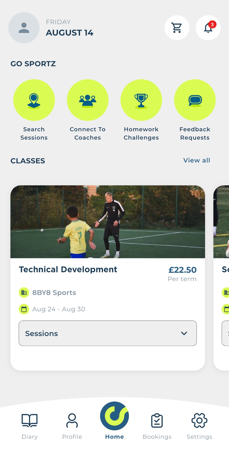 GO SPORTZ home screen with session search, homework challenges and bookable classes