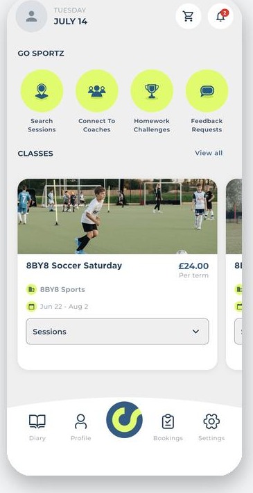 The GO SPORTZ parent app home screen showing session search, coach connections, homework challenges and bookable classes