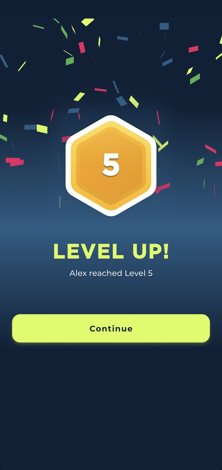 The GO SPORTZ app celebrating a player reaching Level 5