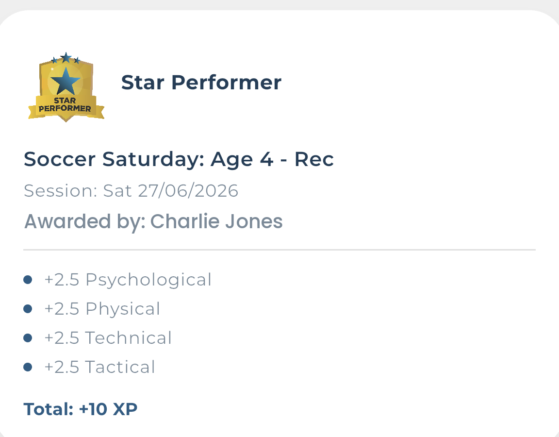 A Star Performer badge awarded in a session, worth 2.5 XP to each of the four corners and 10 XP in total