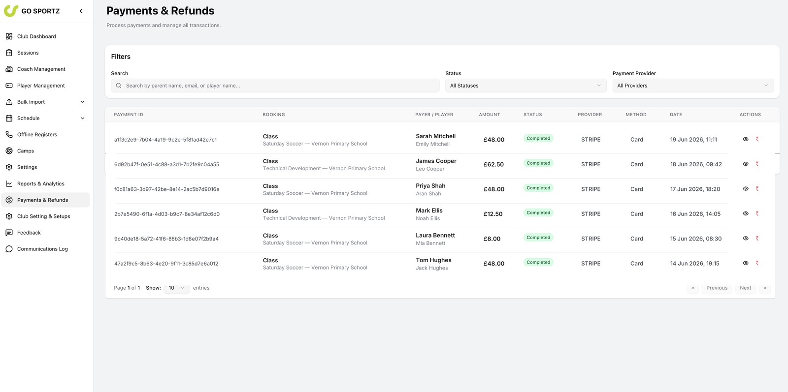 The Payments and Refunds screen showing transactions paid by card, Tax-Free Childcare and childcare vouchers via Stripe and PonchoPay