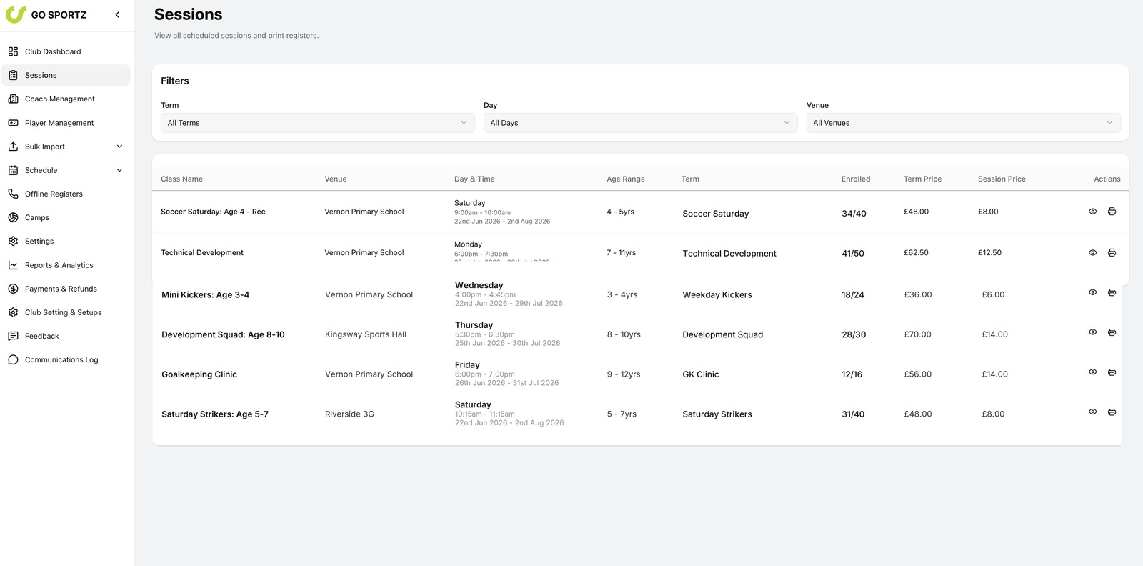 The Sessions screen listing scheduled classes with venues, times, age ranges, terms, enrolment and prices