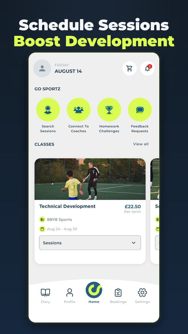 The GO SPORTZ home screen with quick actions and classes to book